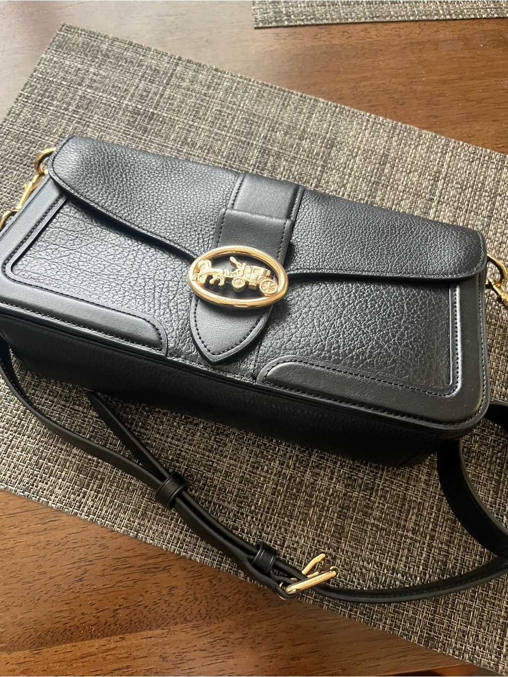 Coach Black Leather Crossbody With Gold Horse & Carriage Emblem